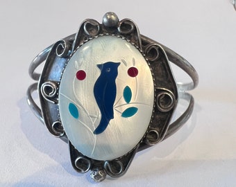Vintage blue bird sterling silver cuff bracelet - Southwestern - 6 inches around