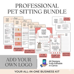 Peut inclure: Un ensemble professionnel de documents pour pet sitting comprenant des modèles modifiables tels qu'un CV, des références, un questionnaire client, un flyer, des cartes de visite et un bloc-notes avec texte et illustration de chien.