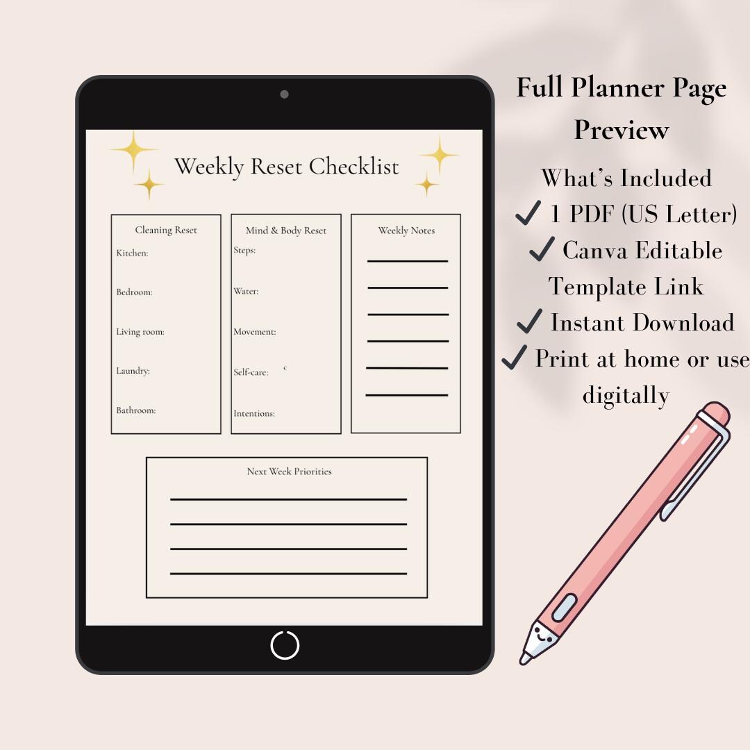 Weekly Reset Checklist Printable | Minimalist Organization Template ...