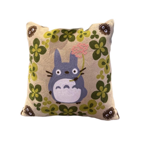 トトロ風刺繍入りジッパー付きクッションカバー：アニメクッション、装飾刺繍入り枕、ジブリアニメジャパン