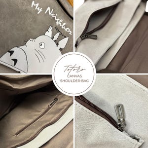 May include: A gray canvas shoulder bag featuring a Totoro design. The bag has a zipper closure and a brown interior. The text "My Neighbor Totoro" and "Totoro CANVAS SHOULDER BAG" are visible on the bag.