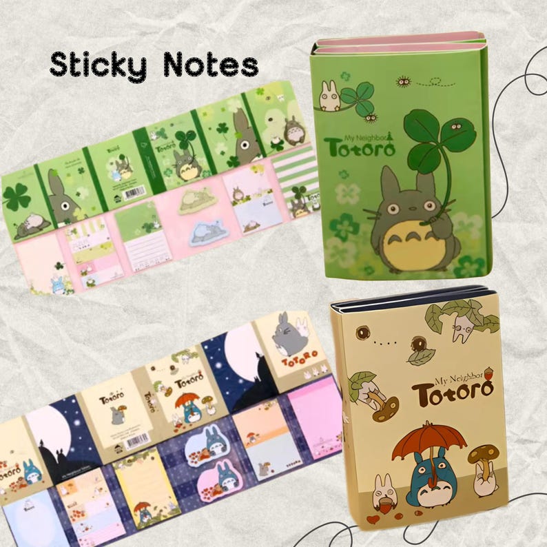 May include: A set of colorful sticky notes featuring the character Totoro from the movie My Neighbor Totoro. The notes come in two designs, one with a green clover background and the other with a night sky background. The notes are perfect for adding a touch of whimsy to your planner, journal, or desk.