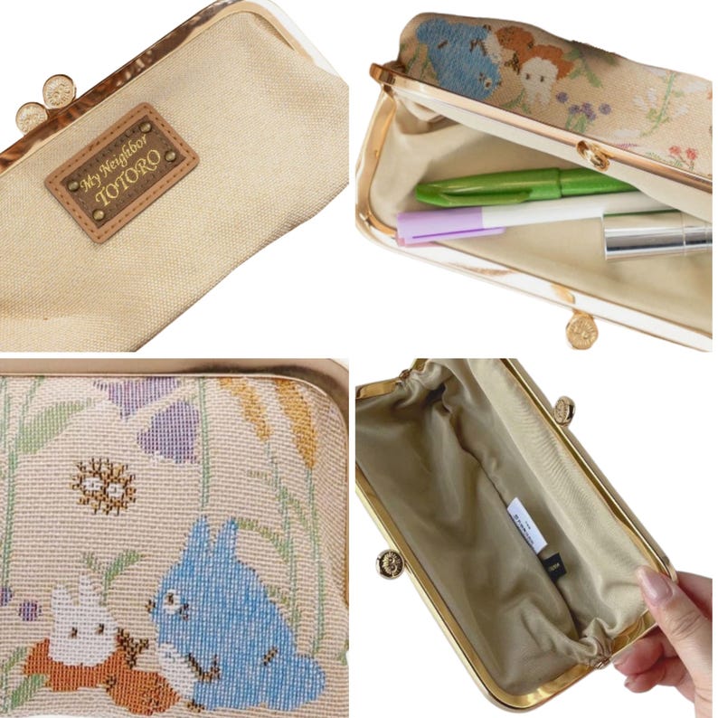 May include: Beige clutch with a gold-colored frame and clasp. The clutch features a woven design with characters from "My Neighbor Totoro." The interior is beige, and the clutch is open, revealing pens and a tube of lipstick.