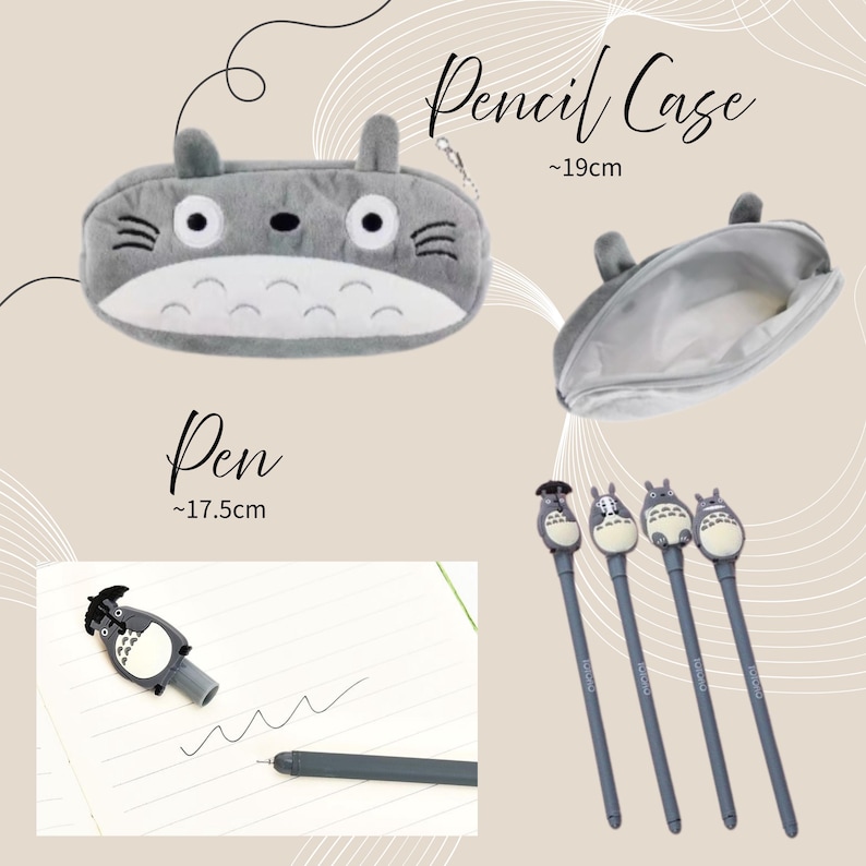 May include: A grey pencil case, approximately 19cm long, and pens featuring Totoro character designs. The pencil case is open in one image. The pens are grey with a Totoro figure on top. The words "Pen" and "Pencil Case" are written on the image.