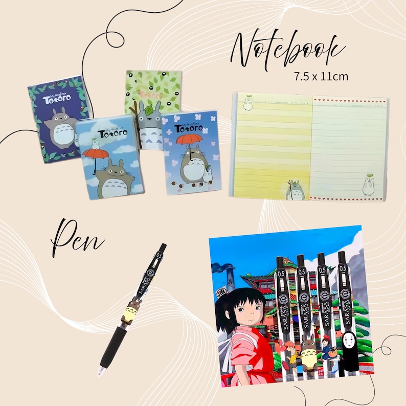 May include: A collection of stationery items featuring characters from the animated film, including notebooks, pens, and a notepad. The notebooks have illustrations of Totoro. The notepad measures 7.5 x 11cm. The pen has a Totoro character on it.