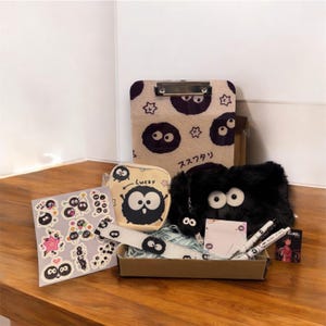 Soot Sprites Gift Set, Studio Ghibli Susuwatari Gift, Fluffy Pencil Bag, Ruler, Sticky Notes, Stickers, Pens, Clipboard Writing Pad, Bag