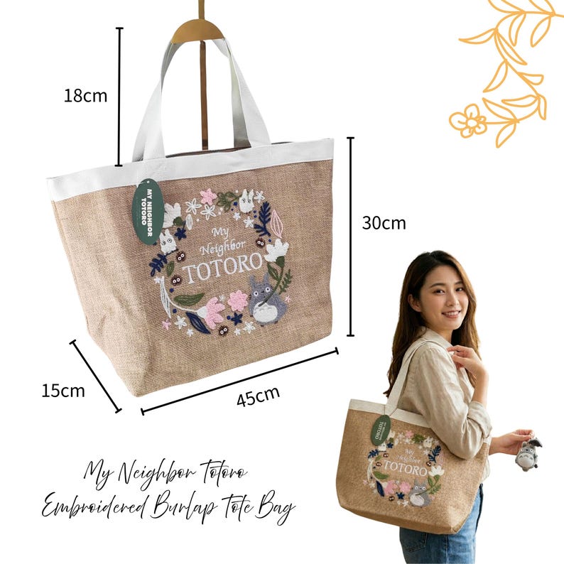 Puede incluir: Bolso tote bordado de arpillera con un dise&ntilde;o de corona floral y el texto "My Neighbor Totoro". El bolso mide aproximadamente 18 cm de alto, 45 cm de ancho y 30 cm de largo. Tiene asas blancas y un ribete blanco.