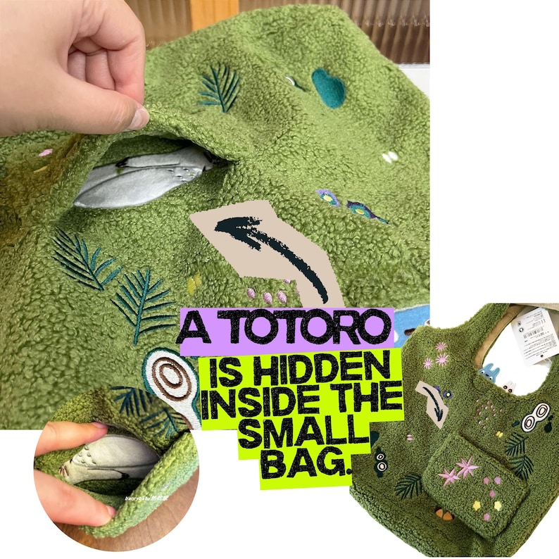 K&ouml;nnte beinhalten: Gr&uuml;ne Tragetasche mit passendem kleinem Beutel. Die Tasche und der Beutel sind mit gestickten Bl&auml;ttern, Blumen und einer Zeichentrickfigur verziert. Der Text auf dem Bild lautet "A Totoro is hidden inside the small bag."