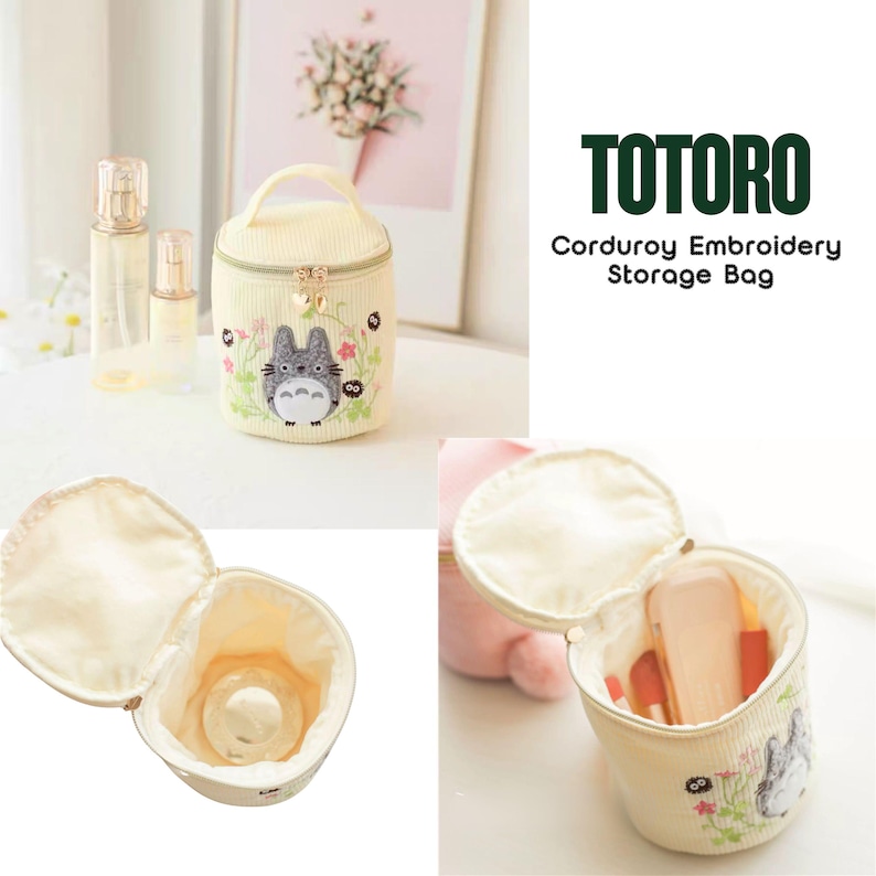 May include: A cream-colored corduroy storage bag with a zipper closure and a handle. The bag features an embroidered Totoro design with flowers. The text "TOTORO Corduroy Embroidery Storage Bag" is displayed on the right.