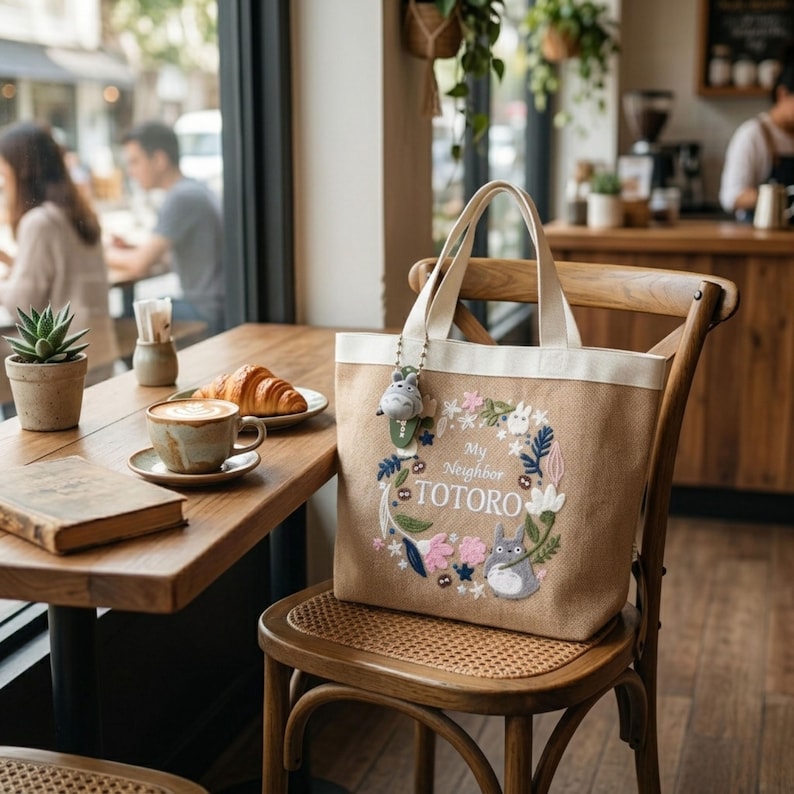 Puede incluir: Un bolso tote de color beige con asas y ribetes blancos, con un dise&ntilde;o bordado de flores, hojas y las palabras "My Neighbor Totoro". Un peque&ntilde;o colgante de peluche de Totoro cuelga del asa. El bolso est&aacute; sobre una silla de madera.