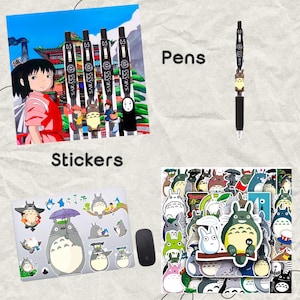 May include: A set of five black pens with white writing, labeled "SARASA 0.5", and a single black pen with a white label. The pens are arranged on a white background with the word "Pens" in black text. Below the pens is a white background with the word "Stickers" in black text. Below the word "Stickers" is a laptop computer with a sticker sheet of various Totoro characters. The sticker sheet is on a white background. A black computer mouse is to the right of the laptop. To the right of the computer mouse is a sticker sheet of various Totoro characters. The sticker sheet is on a white background.