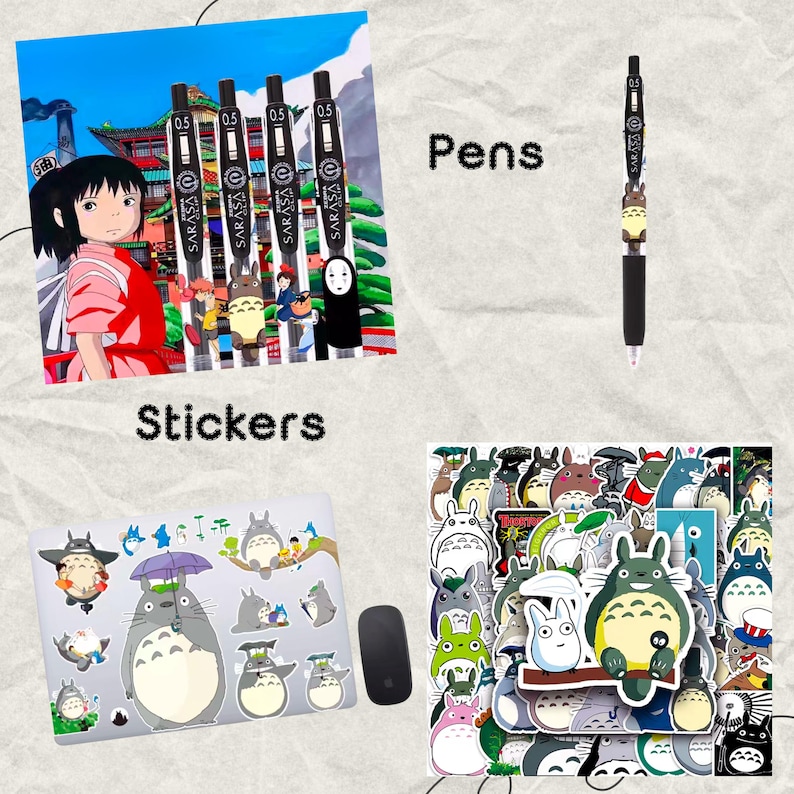 May include: A set of five black pens with white writing, labeled "SARASA 0.5", and a single black pen with a white label. The pens are arranged on a white background with the word "Pens" in black text. Below the pens is a white background with the word "Stickers" in black text. Below the word "Stickers" is a laptop computer with a sticker sheet of various Totoro characters. The sticker sheet is on a white background. A black computer mouse is to the right of the laptop. To the right of the computer mouse is a sticker sheet of various Totoro characters. The sticker sheet is on a white background.
