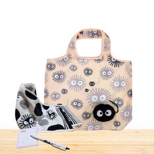 Soot Sprites Gift Set, Studio Ghibli Susuwatari Gift, Soot Sprites Eco-Foldable Bag, Sticky Notes, Pens, Soot Sprites Towel, Gift for her