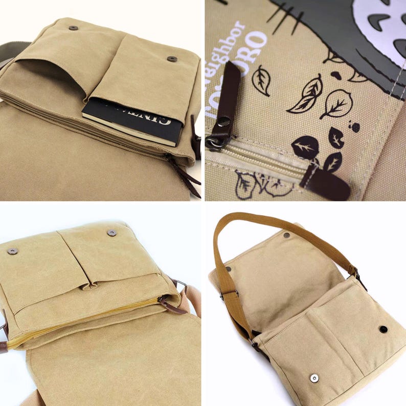 May include: Beige canvas messenger bag with multiple pockets and a brown shoulder strap. The bag features a zipper closure and a flap with a snap closure. The bag has a printed design with the text "Neighbor Totoro".
