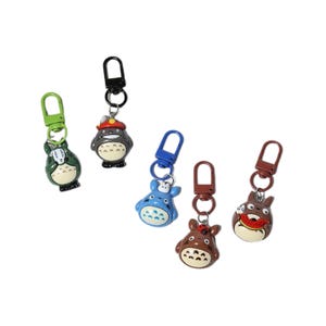 May include: Five cartoon character keyrings with lobster claw clasps. The keyrings feature characters in green, grey, blue, brown, and dark brown with various facial expressions and accessories. The clasps are in matching colours.