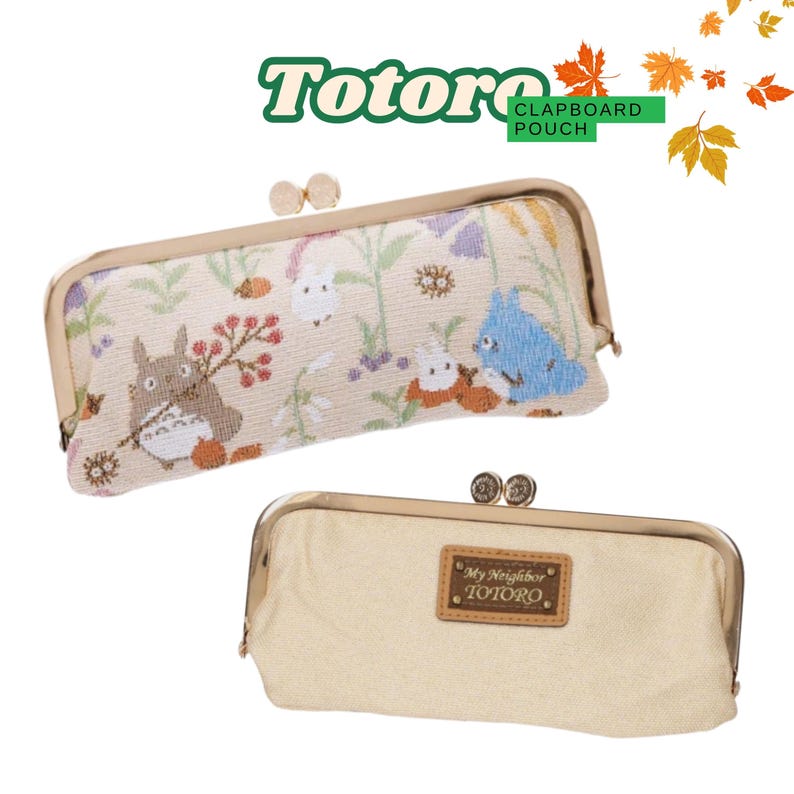 May include: Two rectangular Totoro clapboard pouches. One features a beige background with embroidered Totoro characters and floral designs. The other is a solid beige color with a brown leather tag that reads "My Neighbor Totoro."
