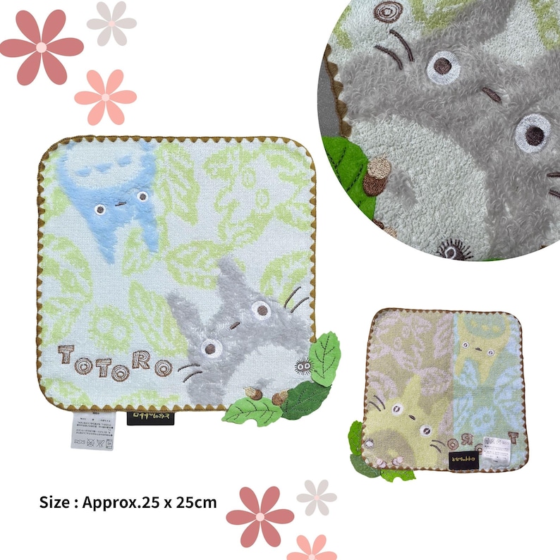 May include: Square, light green and white Totoro-themed washcloths. The washcloths feature a cartoon Totoro character and the word "Totoro". The washcloths are approximately 9.8 inches by 10 inches.