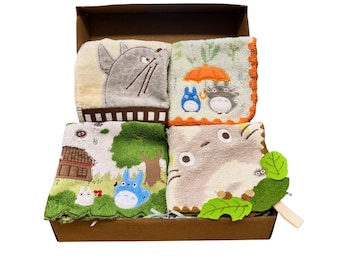 Kawaii My Neighbor Totoro 4 Towels Handkerchiefs Gift Box, Studio Ghibli Themed Goodie Box, Studio Ghibli Totoro Embroidery Hand Face Towel