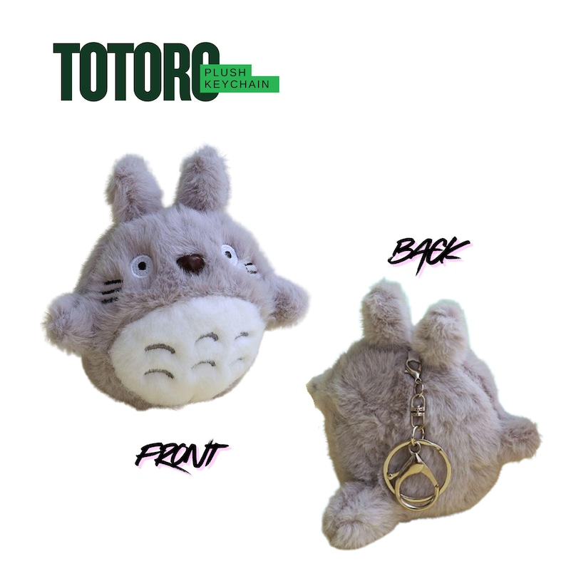 May include: A plush Totoro keychain in light gray with a white belly and a brown nose. The front view shows the face, while the back view reveals a keyring. The text "TOTORO PLUSH KEYCHAIN" is at the top.