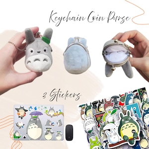 May include: The image showcases a collection of Totoro-themed items. It includes a gray plush keychain coin purse, a light blue coin purse, and a set of stickers featuring various Totoro designs. The text "Keychain Coin Purse" and "3 Stickers" are also visible.