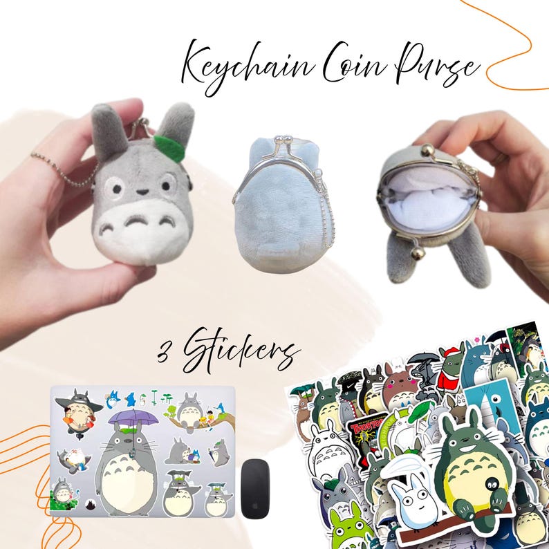 May include: The image showcases a collection of Totoro-themed items. It includes a gray plush keychain coin purse, a light blue coin purse, and a set of stickers featuring various Totoro designs. The text "Keychain Coin Purse" and "3 Stickers" are also visible.