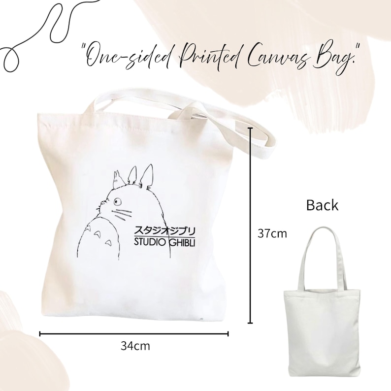 May include: White canvas tote bag featuring a black illustration of a cartoon character and Japanese text. The bag measures 34 cm wide and 37 cm tall. The text "One-sided Printed Canvas Bag" is at the top.