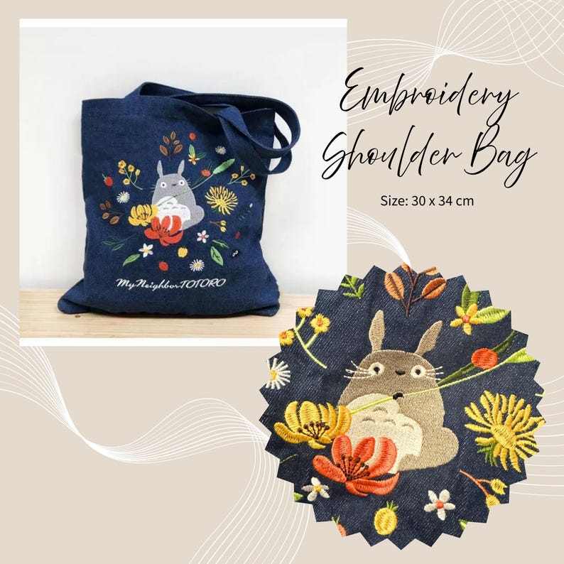 May include: A navy blue denim tote bag with an embroidered design featuring a cartoon character, flowers, and the text "My Neighbor TOTORO." The bag measures 30 cm x 34 cm.