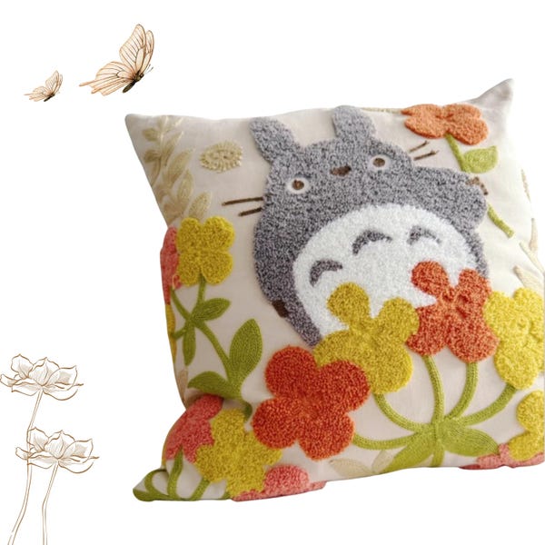 My Neighbor Totoro geïnspireerd geborduurde ritssluiting sierkussen kussensloop, Ghibli decoratief geborduurd kussen, Ghibli Anime Japan