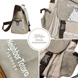 May include: Canvas shoulder bag featuring a design with the text "Neighbor Totoro" and a cartoon character. The bag has a flap closure with a buckle, a brown shoulder strap, and a small front pocket. The bag is beige and gray.