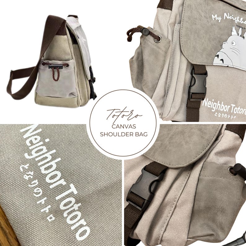 May include: Canvas shoulder bag featuring a design with the text "Neighbor Totoro" and a cartoon character. The bag has a flap closure with a buckle, a brown shoulder strap, and a small front pocket. The bag is beige and gray.