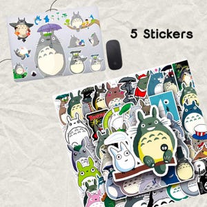 May include: A set of 5 Totoro stickers featuring various characters from the popular animated film. The stickers are printed on high-quality vinyl and are waterproof and durable. They are perfect for decorating laptops, water bottles, notebooks, and more.