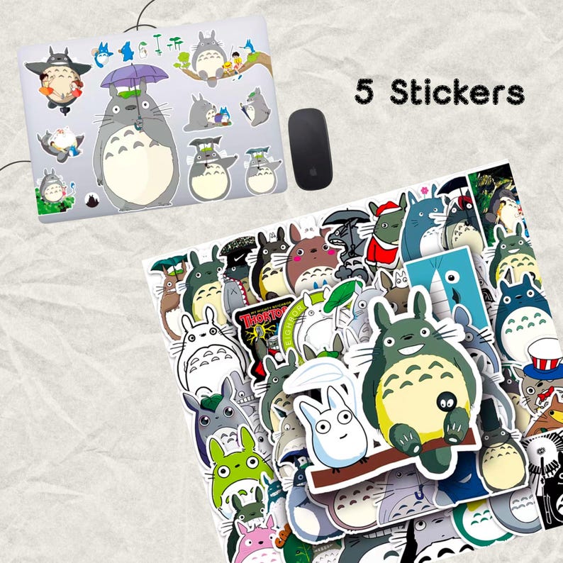 May include: A set of 5 Totoro stickers featuring various characters from the popular animated film. The stickers are printed on high-quality vinyl and are waterproof and durable. They are perfect for decorating laptops, water bottles, notebooks, and more.