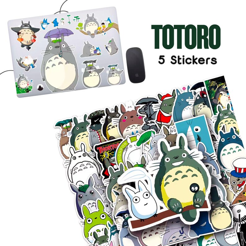 May include: A collection of Totoro stickers featuring various characters from the animated film. The stickers are in different sizes and poses, with a laptop covered in Totoro stickers in the background. The text "TOTORO 5 Stickers" is displayed.