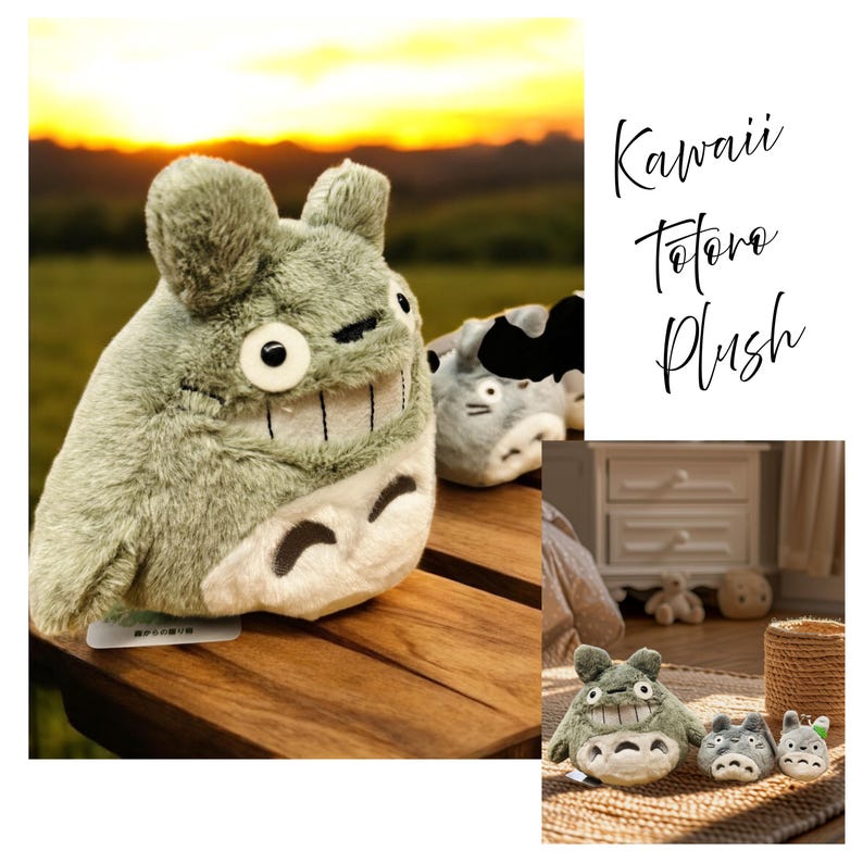 May include: A plush toy of a Totoro character, in shades of gray and white, with large eyes and a wide grin. The image includes the text "Kawaii Totoro Plush". The plush is on a wooden surface with a blurred background of a sunset.