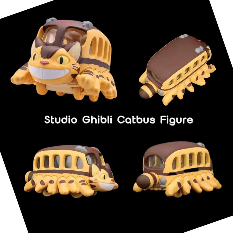 May include: A collection of Studio Ghibli Catbus figures. The figures are yellow and brown, with a bus-like design and cat-like features. The text "Studio Ghibli Catbus Figure" is displayed in white.