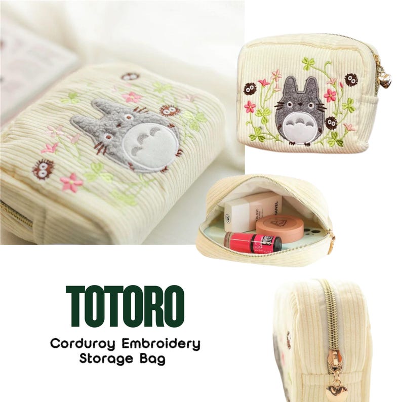 May include: Cream-colored corduroy storage bag with embroidered Totoro character and floral accents. The bag features a zipper closure and a heart-shaped charm. The text "TOTORO Corduroy Embroidery Storage Bag" is displayed below the image.