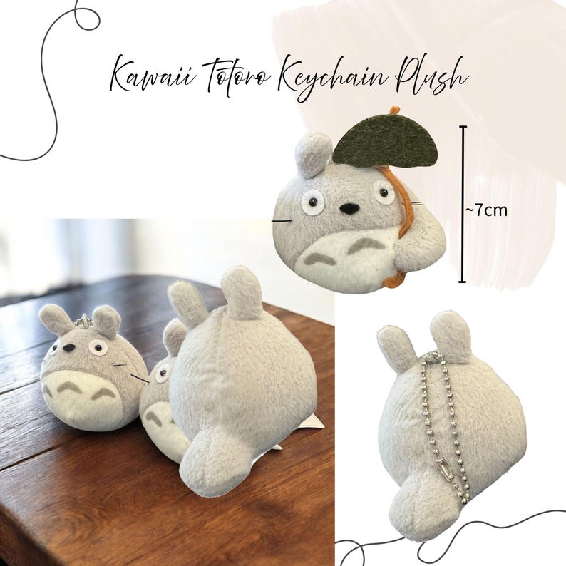 Puede incluir: Peluche llavero Kawaii Totoro gris claro, con un paraguas verde oscuro y una cadena plateada. El peluche mide aproximadamente 7 cm de alto. La imagen muestra varios peluches, algunos con llaveros.