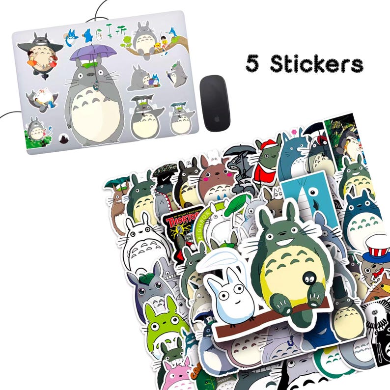 May include: A selection of stickers featuring characters from the animated film, "My Neighbour Totoro." The stickers are in various sizes and poses, with a laptop covered in stickers in the background. The text "5 Stickers" is visible.