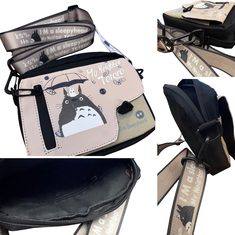May include: A beige and black crossbody bag with a cartoon Totoro design. The bag has a flap closure and a strap with the text "I'm a sleepyhead" and "My Neighbor Totoro". The bag is suitable for carrying small items.