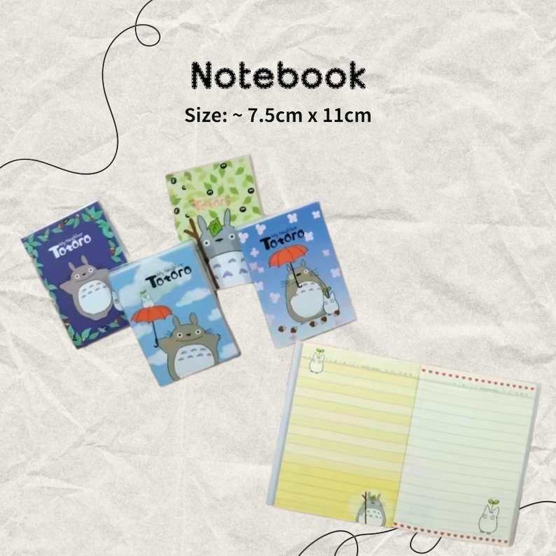 May include: Four small, colorful notebooks with Totoro character designs and one larger lined notebook with a Totoro character design. The notebooks are approximately 7.5 cm by 11 cm.