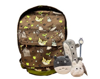 Totoro Canvas Backpack Gift Set, Ghibli Themed Goodie Set, Printed Canvas Backpack, Keychain Purse, Pen, Sandbag, Fluffy Pencil Case
