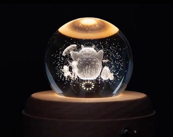Totoro Music Box Night Light, 3D Crystal Ball Ornaments with LED light, Luminous Rotating Musical Box, Totoro Lover Gift