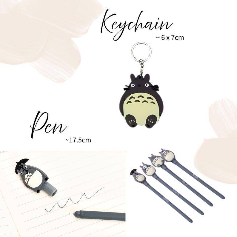 May include: A collection of stationery items featuring a cartoon character design. Includes a black and gray pen, approximately 7 inches long, and a keychain, about 2.4 x 2.8 inches. The image also shows several pens with the same character design.
