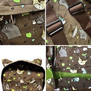 May include: Brown backpack with a repeating pattern of cartoon characters, green leaves, and small insects. The backpack has adjustable brown straps, black buckles, and a green trim. The top of the backpack is shaped like animal ears.
