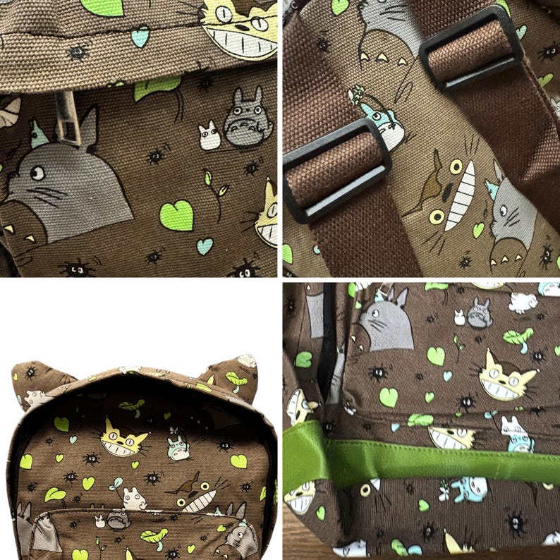 May include: Brown backpack with a repeating pattern of cartoon characters, green leaves, and small insects. The backpack has adjustable brown straps, black buckles, and a green trim. The top of the backpack is shaped like animal ears.