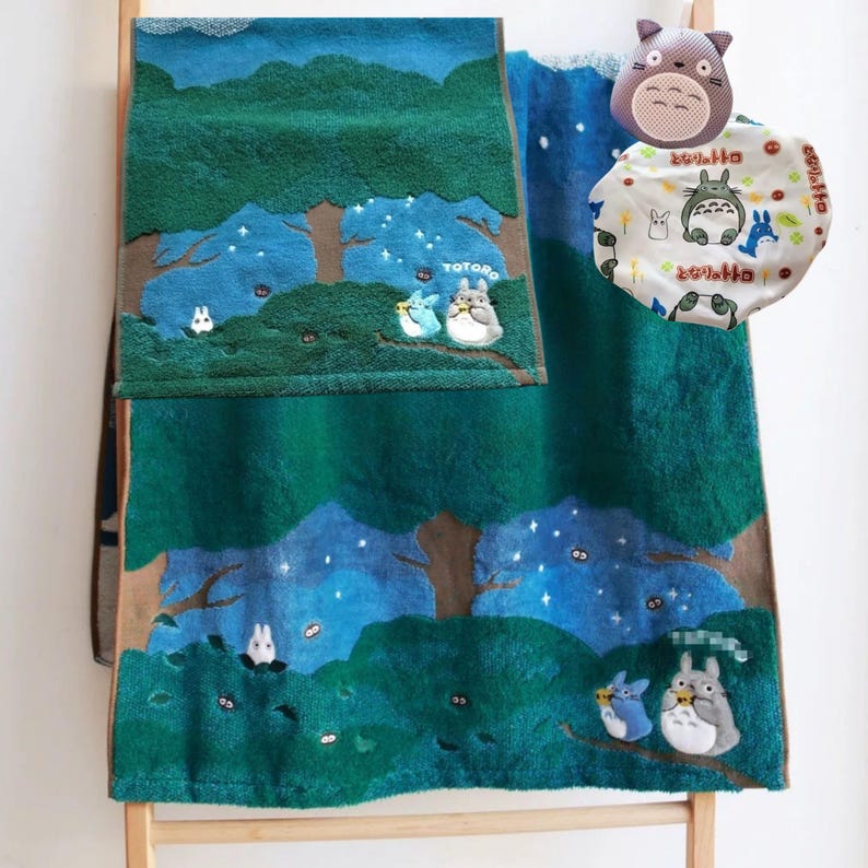 Totoro Inspired Face Towel Bath Towel 2pc Set Gifts, Ghibli Totoro Cotton 34 x 80cm, 60 x 120cm Towel, Jogging Towel, Beach Towel image 1