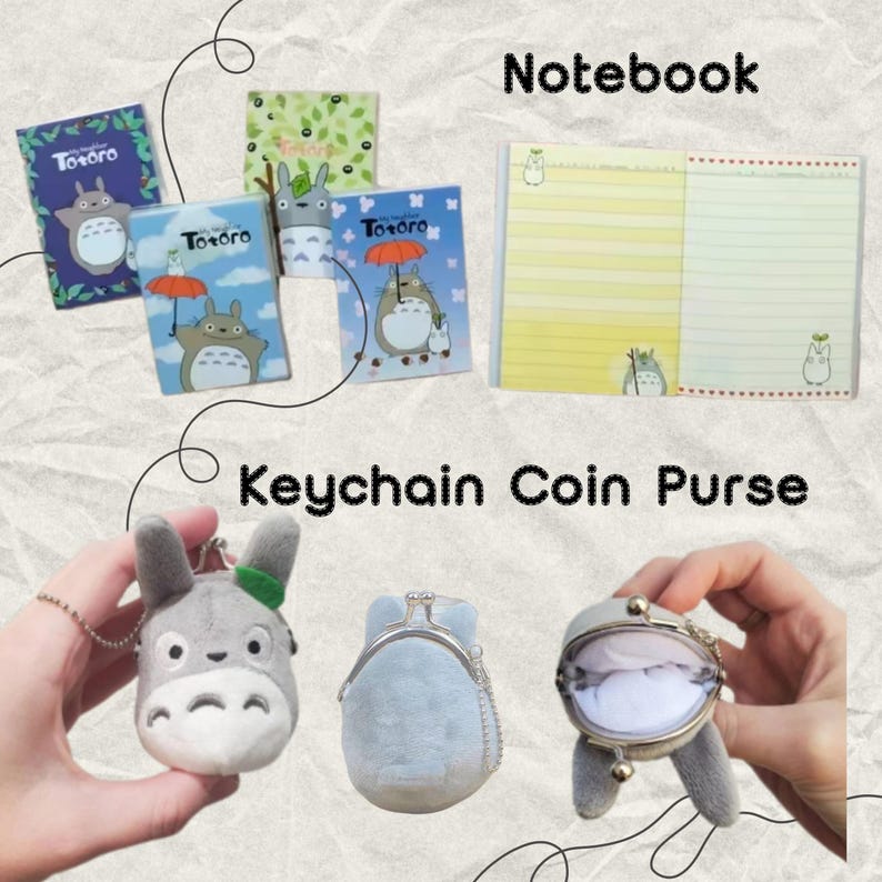 K&ouml;nnte beinhalten: Ein Set an Totoro-motivierten Schreibwaren und Accessoires. Das Set enth&auml;lt drei kleine Notizb&uuml;cher, ein Notizbuch mit linierten Seiten, einen Schl&uuml;sselanh&auml;nger und eine Geldb&ouml;rse. Die Notizb&uuml;cher zeigen Totoro-Charaktere und die Worte "Totoro" auf den Deckeln. Der Schl&uuml;sselanh&auml;nger und die Geldb&ouml;rse sind beide aus Pl&uuml;sch und zeigen einen Totoro-Charakter.