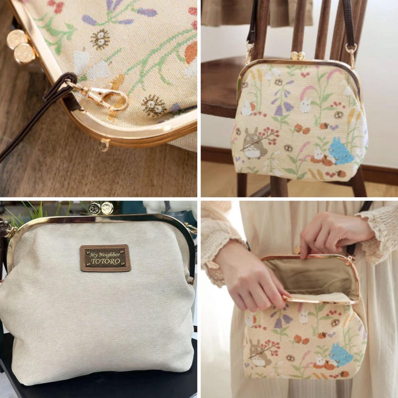 May include: A collection of beige fabric purses with gold-colored clasps and brown straps. One purse features a floral pattern, another has a "My Neighbor Totoro" label, and a third is being opened to reveal its interior.