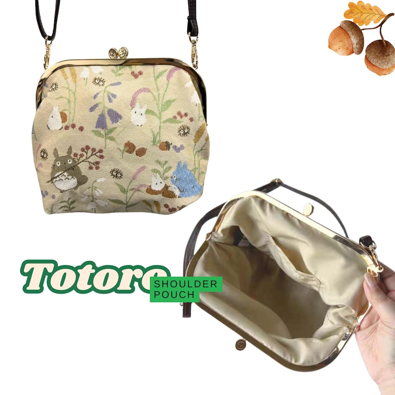 May include: A beige shoulder pouch with a clasp closure, featuring a floral and Totoro character design. The bag has a brown strap and gold-colored hardware. The text "Totoro Shoulder Pouch" is displayed in green and white.