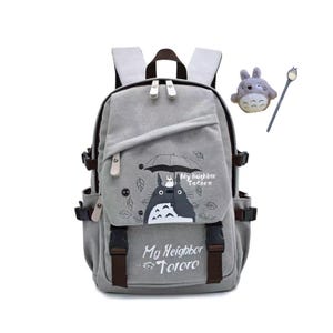 Może przedstawiać: Szary plecak z płótna z grafiką postaci Totoro trzymającej parasol oraz napisem My Neighbor Totoro. Plecak posiada brązowe paski, czarne klamry, kieszenie boczne oraz dołączoną małą pluszową zabawkę Totoro i pasujący do zestawu długopis.